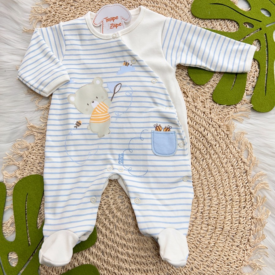 Macacão Trape Zape - Ursinhos com Abelhas - Off White com Listras Azuis Bebê Macacão Trape Zape - Ursinhos com Abelhas - Off White com Listras Azuis Bebê